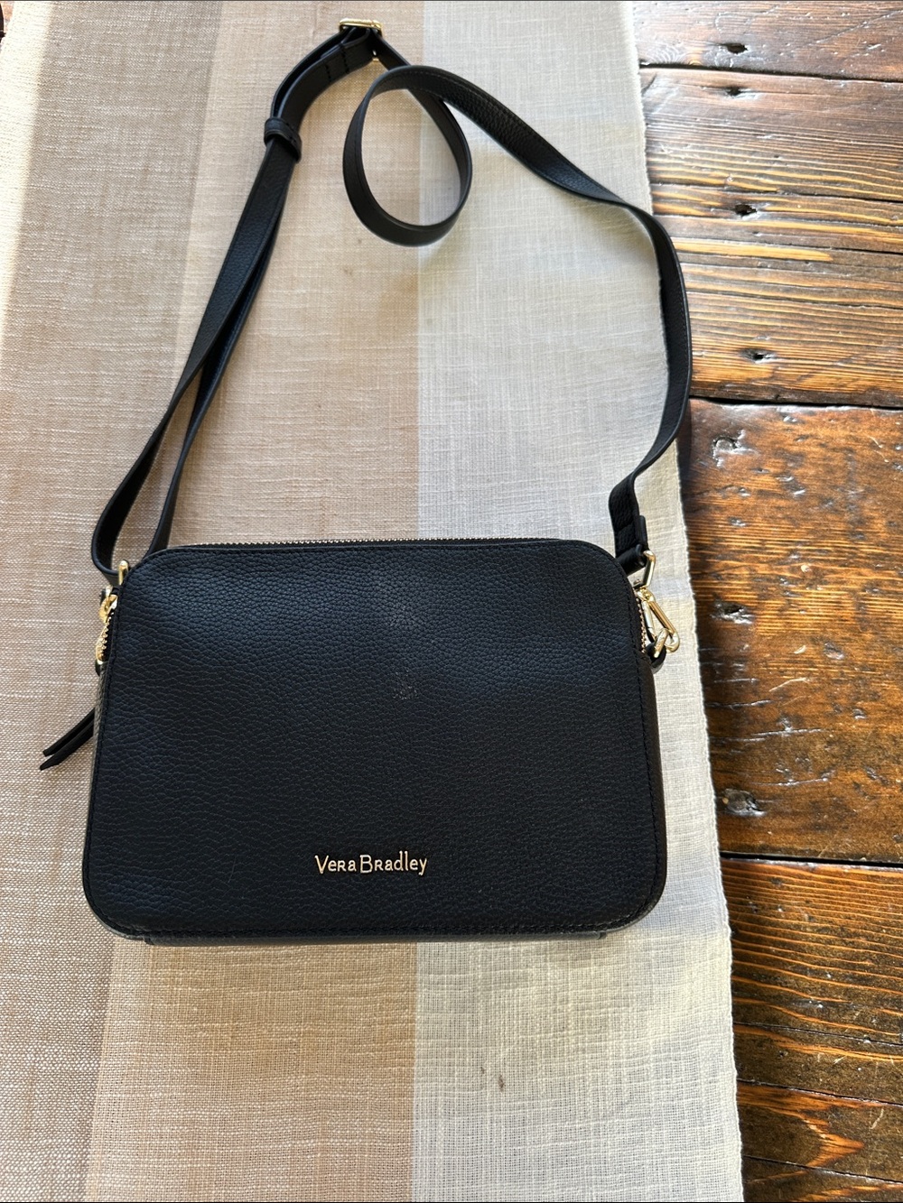 Vera Bradley Black Pebbled Leather Crossbody with Gold Hardware